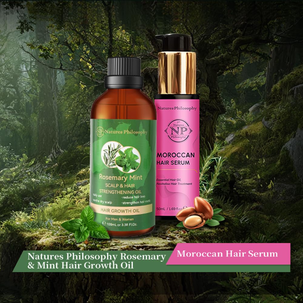 NP NATURES PHILOSOPHY Moroccan Argan Oil & Rosemary Hair Growth Oil Set | Organic Hair Serum, Anti-Frizz, Quick Absorption