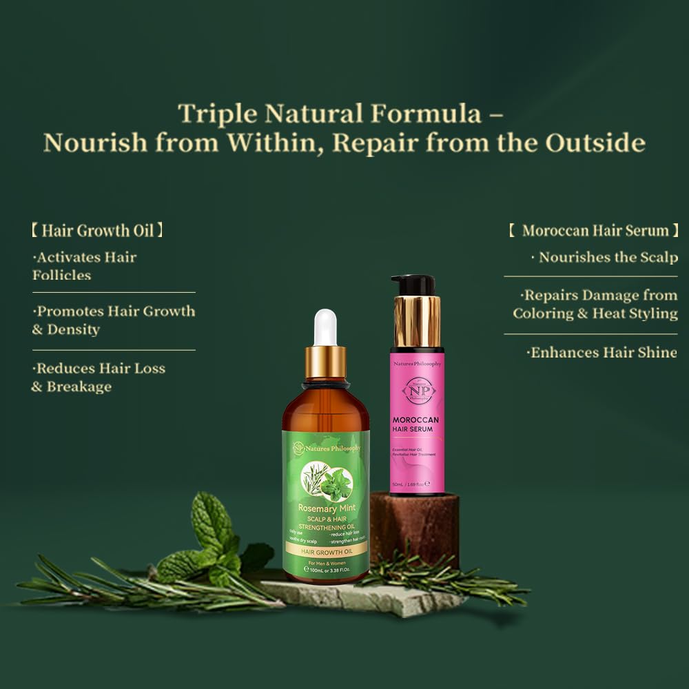 NP NATURES PHILOSOPHY Moroccan Argan Oil & Rosemary Hair Growth Oil Set | Organic Hair Serum, Anti-Frizz, Quick Absorption