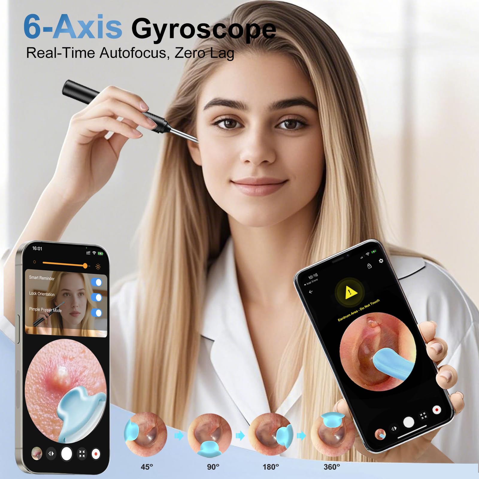 Ntgiso AI Eardrum Alert & Ear Wax Removal Kit — 1080P HD Otoscope Camera, 6-Axis Gyro, Waterproof Lens