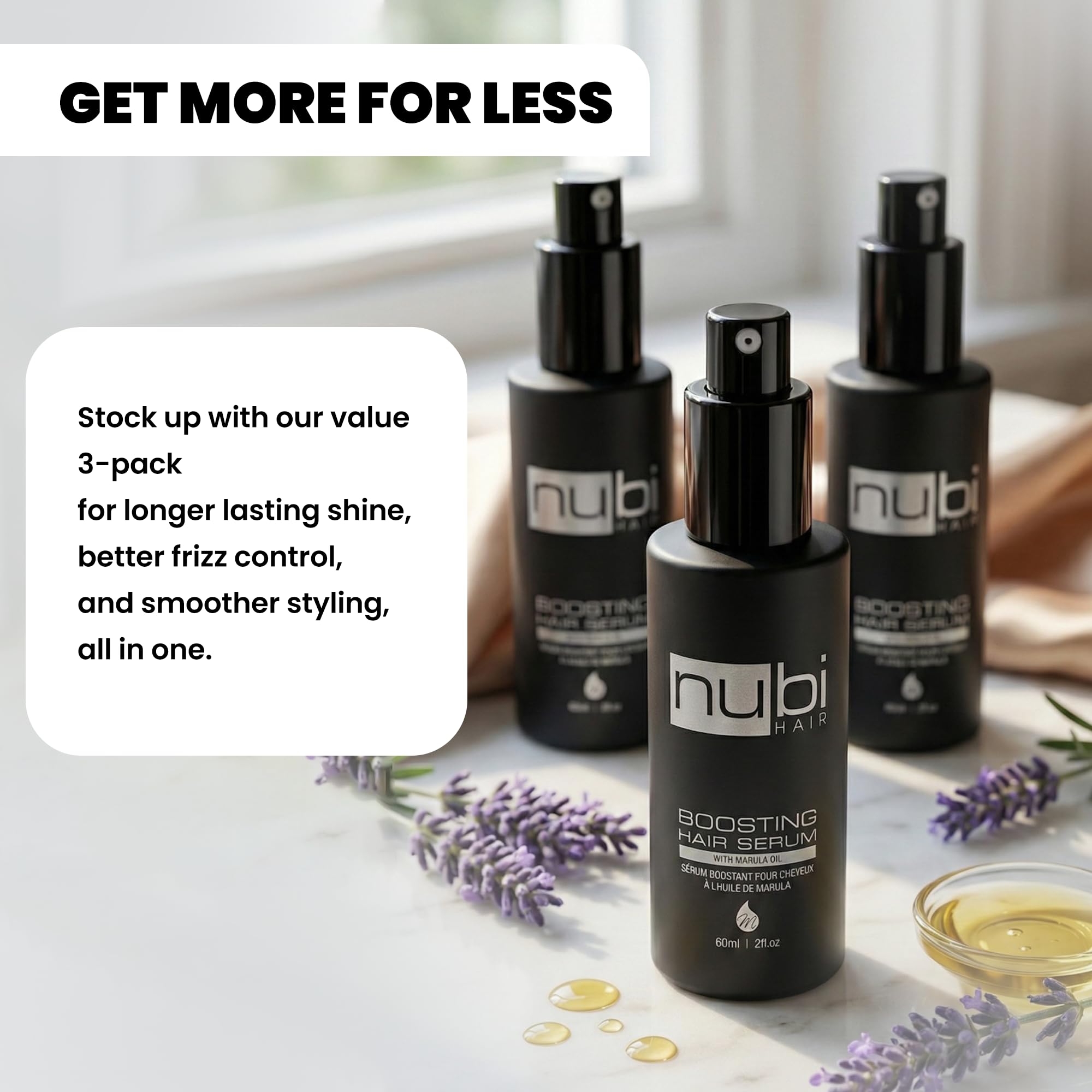 Nubi Hair Silky Smooth Serum – Marula Oil, Aloe Vera & Vitamin E | Non-Greasy, All Hair Types, 2 fl oz (3 Pack)