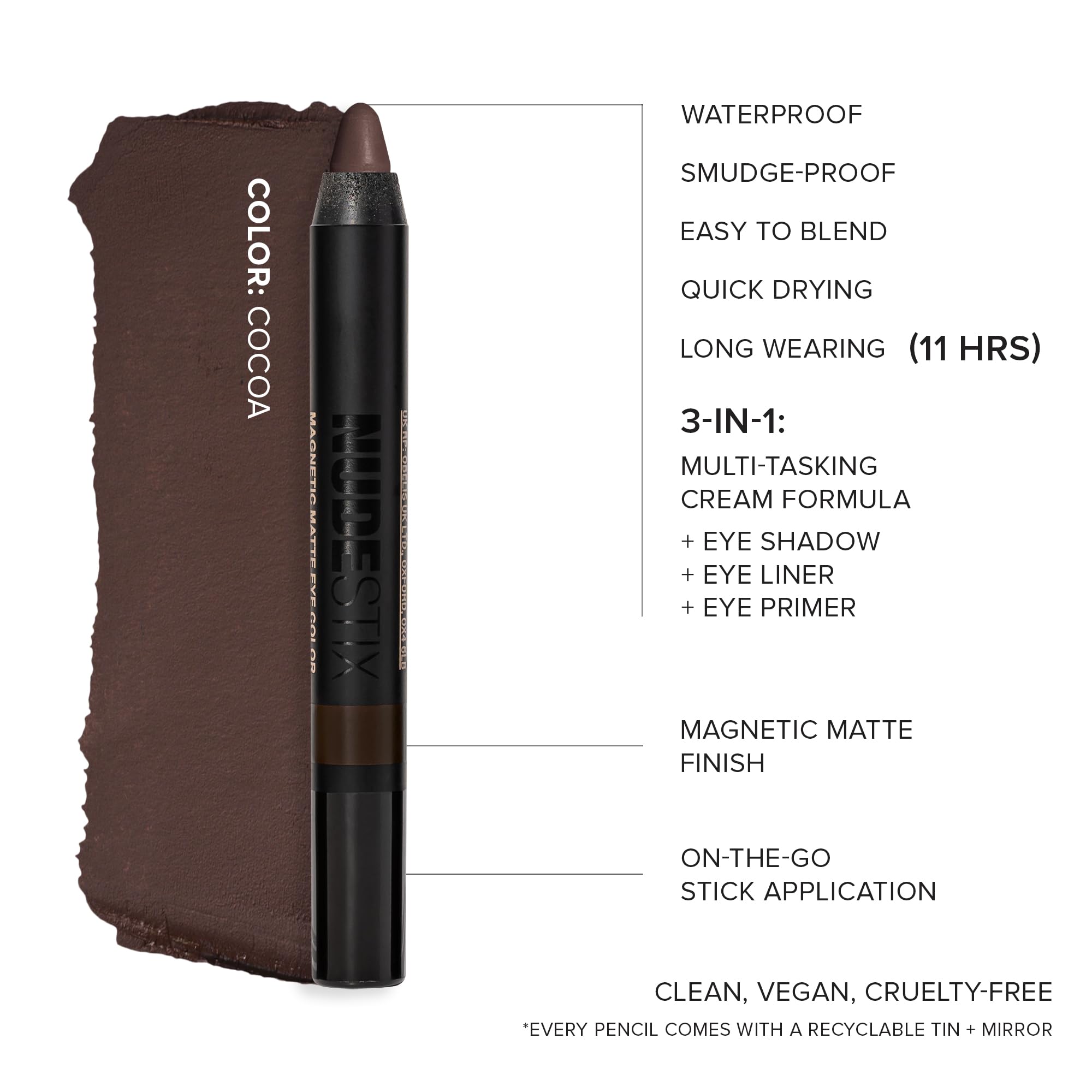 Nudestix Magnetic Matte Eye Color Cocoa — 3-in-1 Eye Pencil, Primer & Liner (Waterproof)
