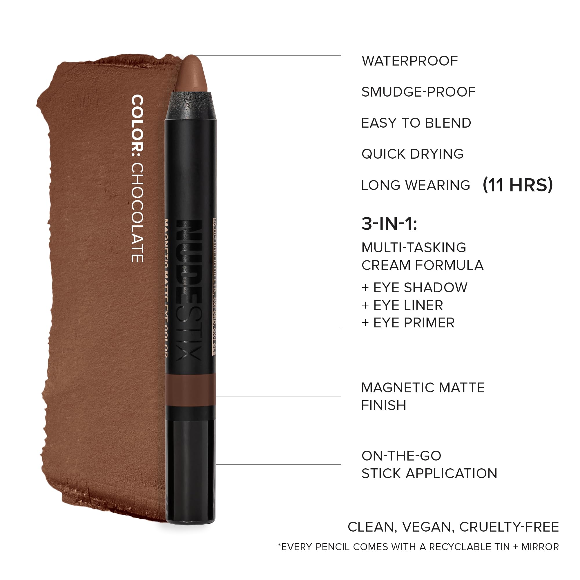 Nudestix Magnetic Matte Eye Color in Chocolate – 3-in-1 Eye Pencil, Waterproof & Budge-Proof