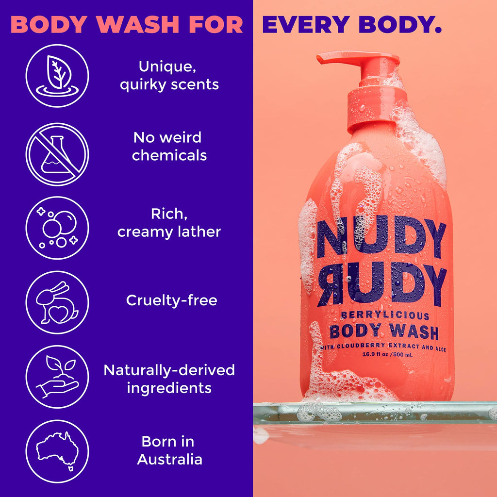 Nudy Rudy Berrylicious 2 Pack – Liquid Body Wash & Bar Soap with Aloe Vera & Vitamin E (16.9 fl oz + 4.2 oz)
