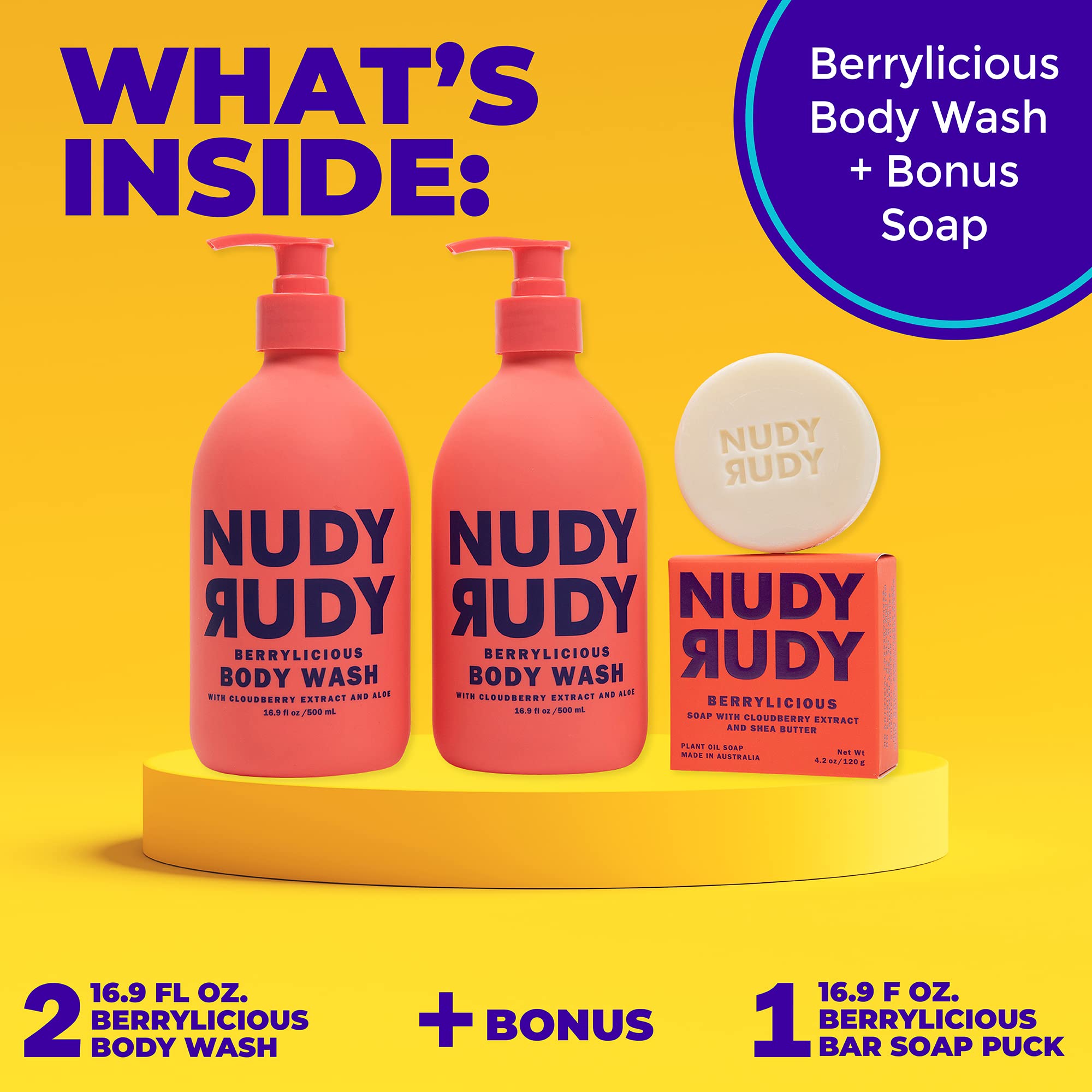 Nudy Rudy Berrylicious 2 Pack – Liquid Body Wash & Bar Soap with Aloe Vera & Vitamin E (16.9 fl oz + 4.2 oz)
