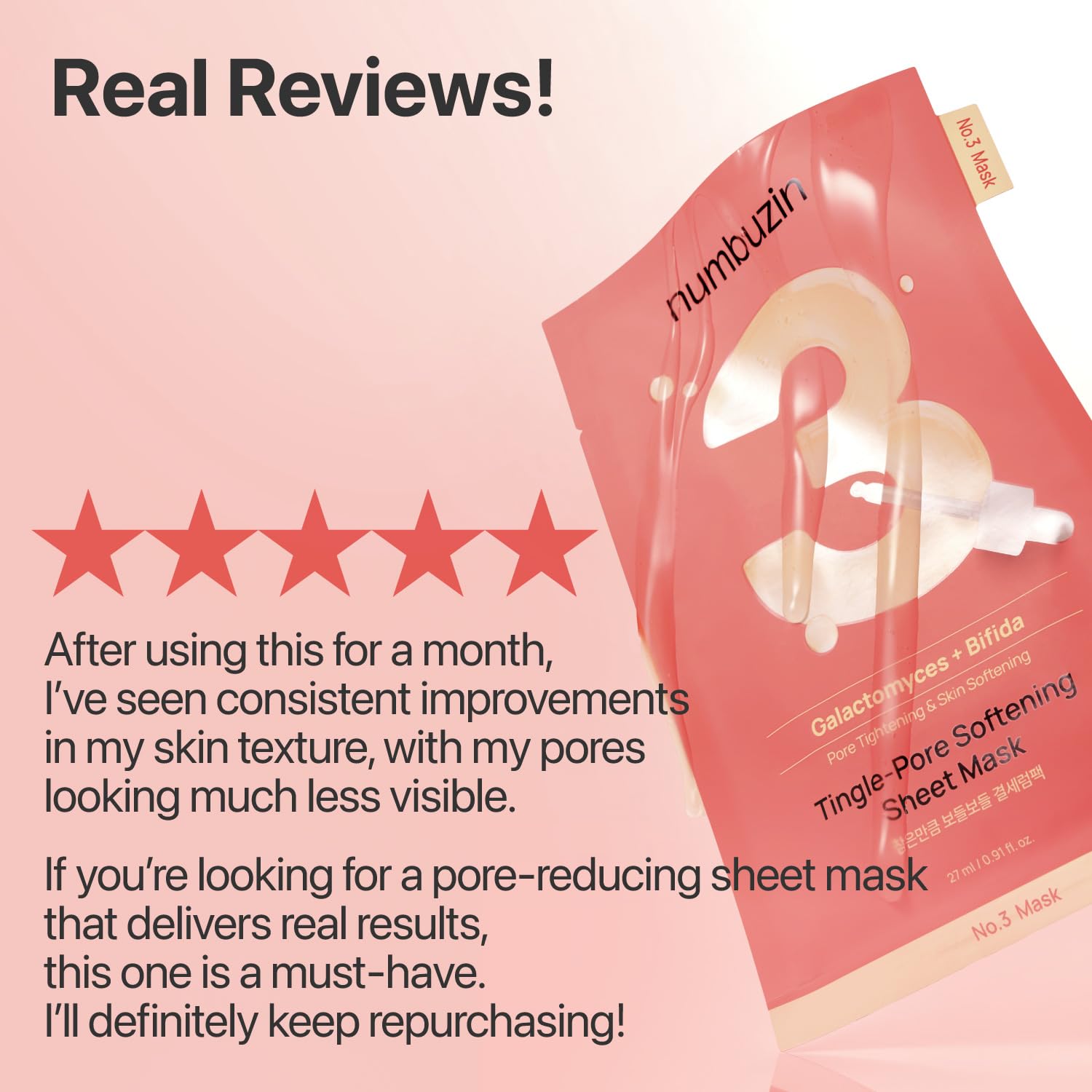 numbuzin No.3 Sheet Mask – Tingle-Pore Softening, Pore-Minimizing Hydration (5 Sheets)