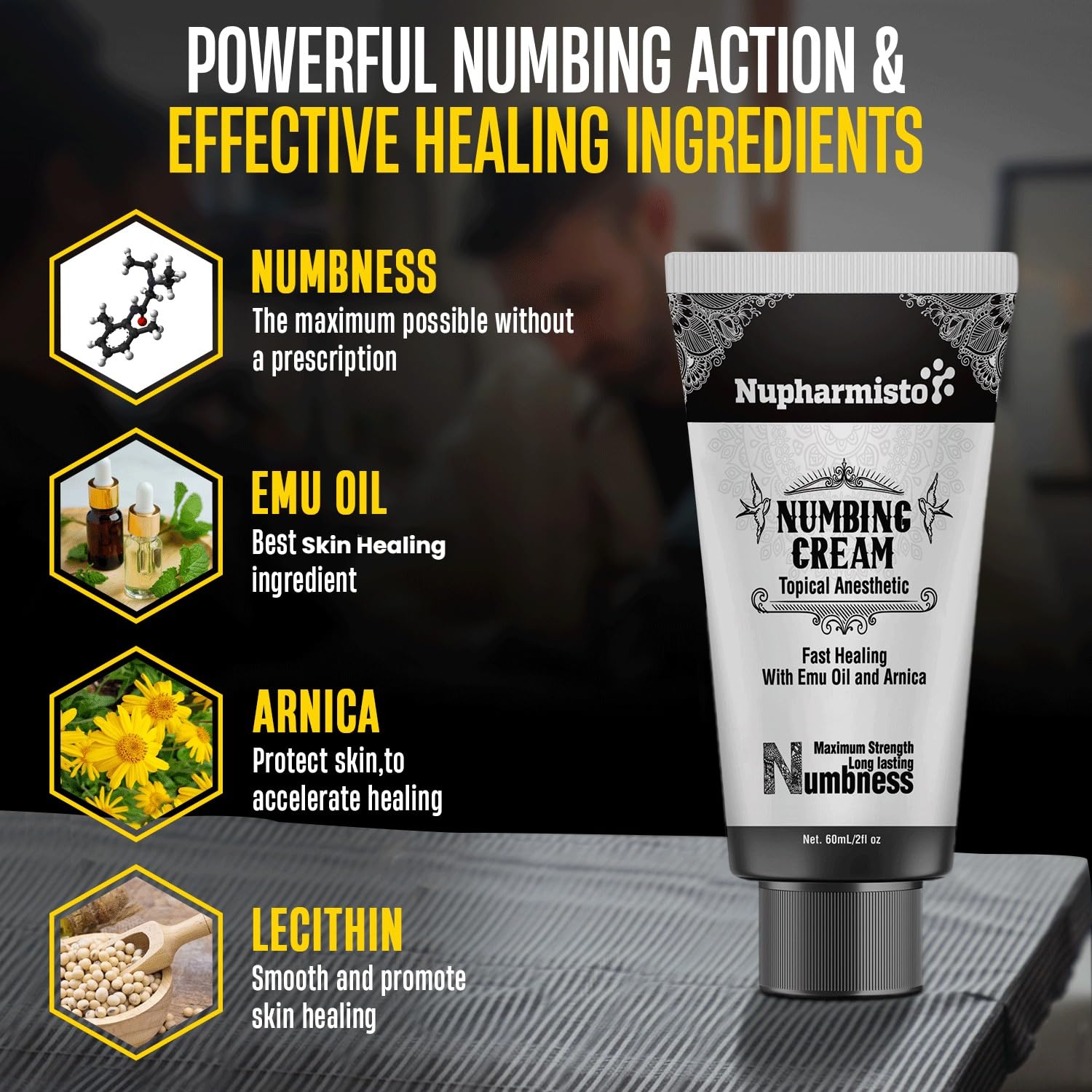 Nupharmco Numbing Cream Maximum Strength – Long-Lasting Relief with Menthol, Arnica & Emu Oil (60ml)