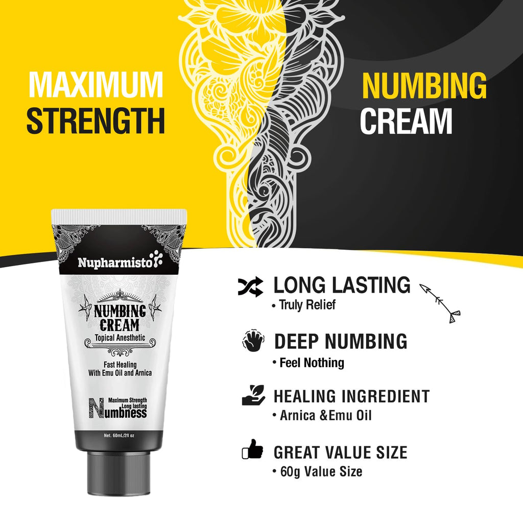 Nupharmco Numbing Cream Maximum Strength – Long-Lasting Relief with Menthol, Arnica & Emu Oil (60ml)
