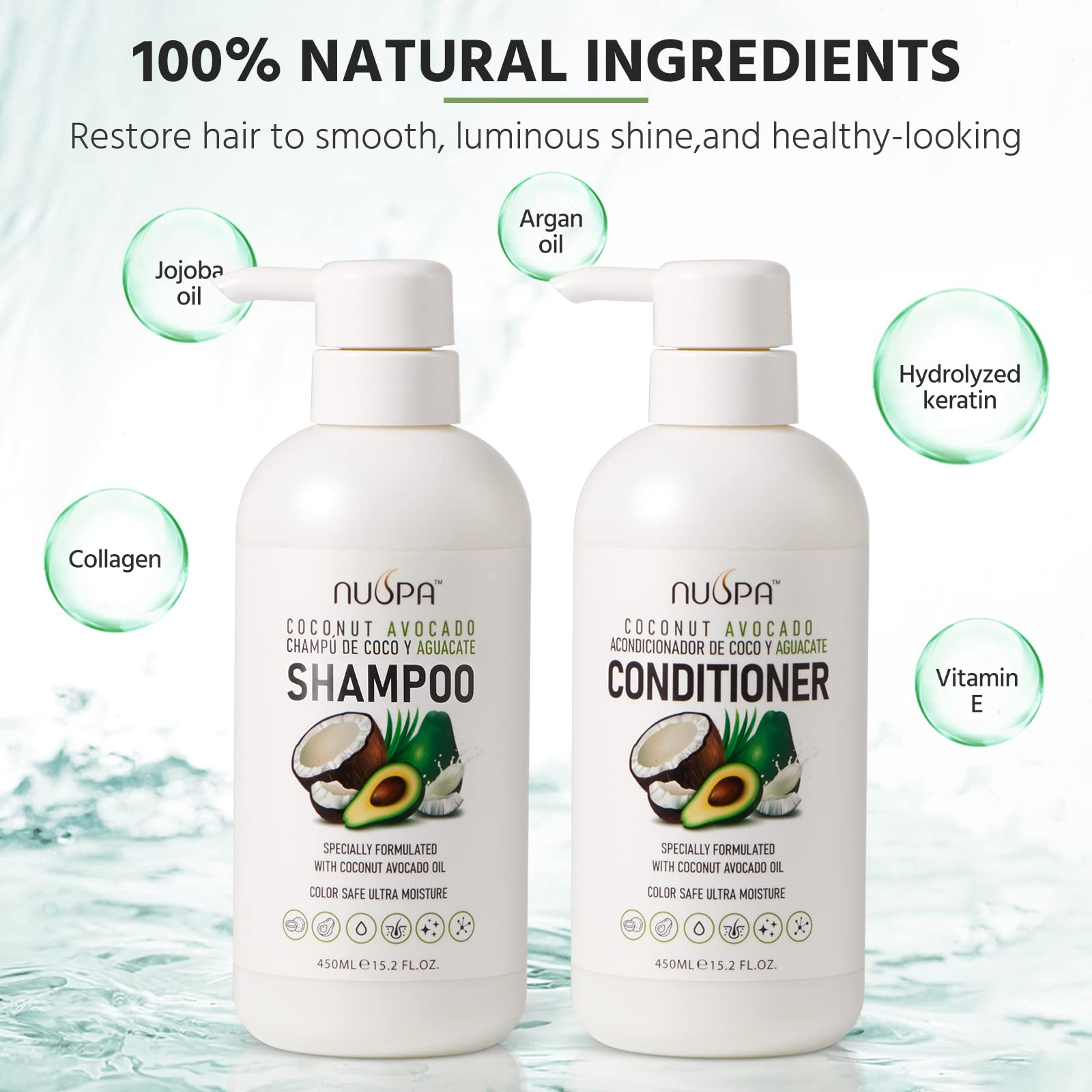 NUSPA Coconut Avocado Shampoo & Conditioner Set — Color Safe, Sulfate Free, Ultra Moisture
