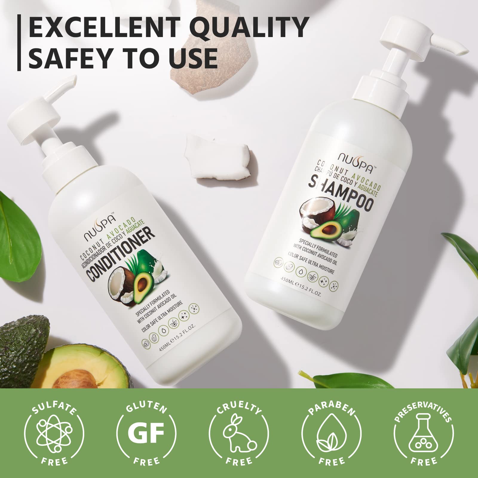 NUSPA Coconut Avocado Shampoo & Conditioner Set — Color Safe, Sulfate Free, Ultra Moisture