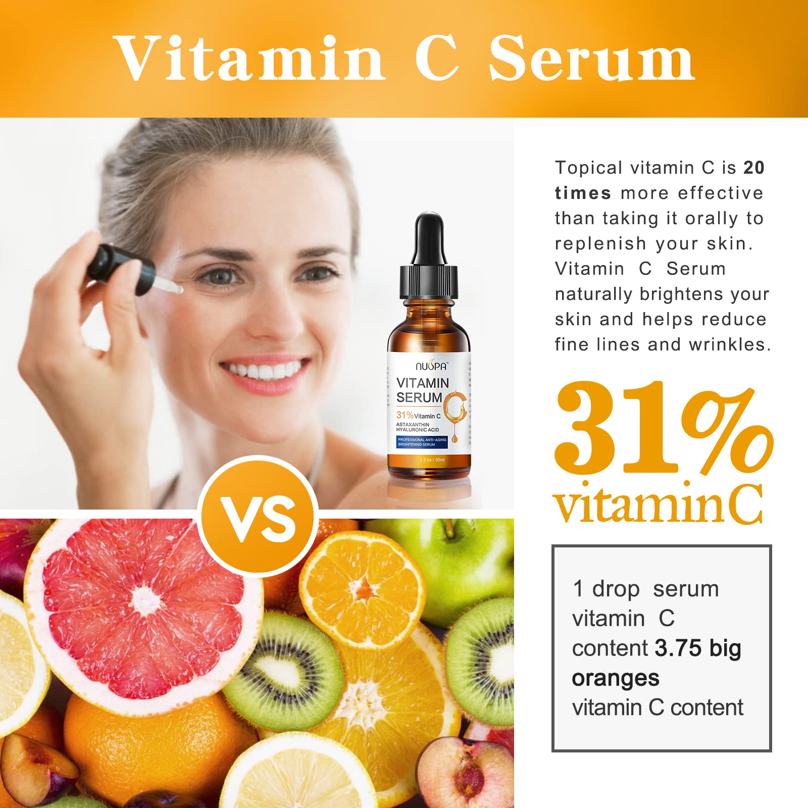 NUSPA Organic Vitamin C Serum – 31% Vitamin C, Hyaluronic Acid & Astaxanthin
