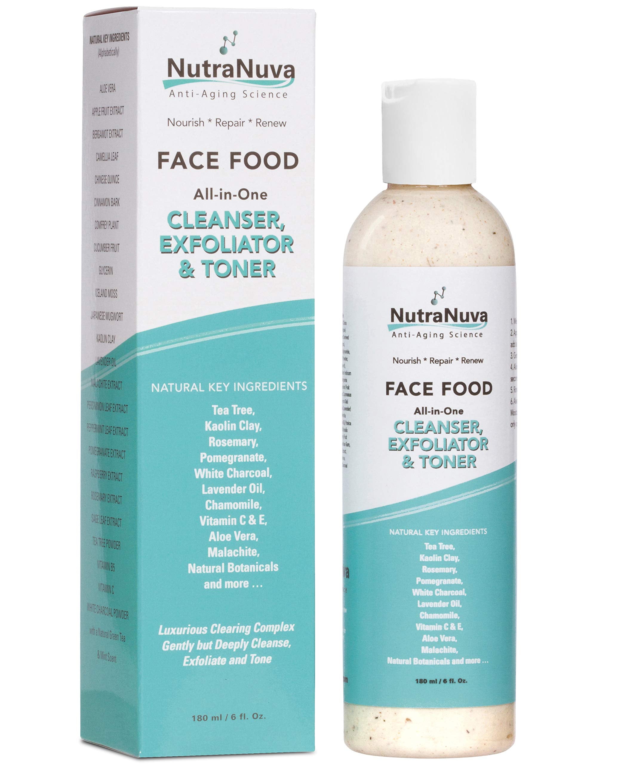 NutraNuva Face Food – All-in-One Cleanser, Exfoliator & Toner with Tea Tree & Kaolin Clay | Vegan, pH-Balanced, 6 oz