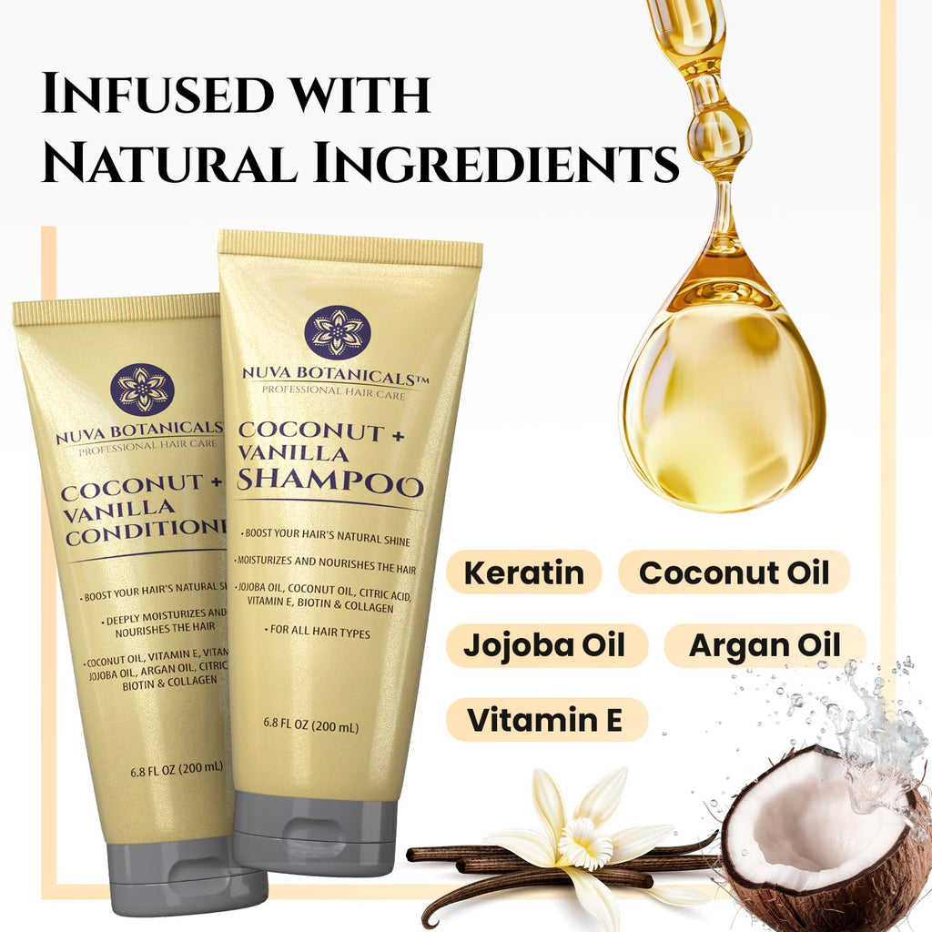 Nuva Botanicals Coconut Shampoo & Conditioner – Vanilla Scent, Biotin & Collagen, Hydrating Set (6.8 oz each)