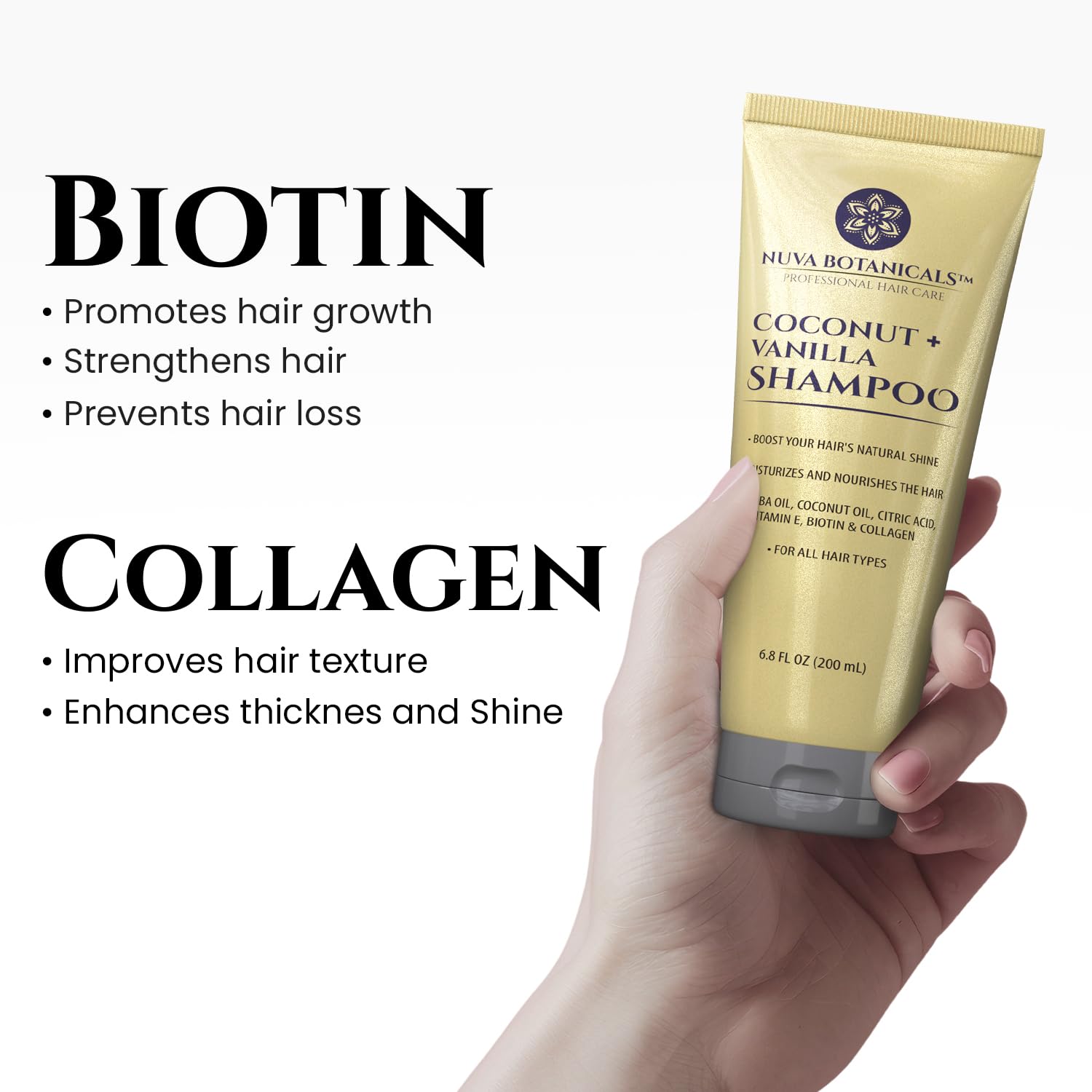 Nuva Botanicals Coconut Shampoo & Conditioner – Vanilla Scent, Biotin & Collagen, Hydrating Set (6.8 oz each)