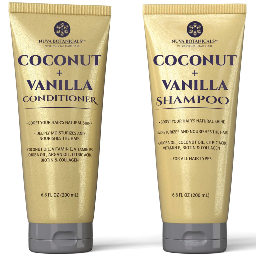Nuva Botanicals Coconut Shampoo & Conditioner – Vanilla Scent, Biotin & Collagen, Hydrating Set (6.8 oz each)