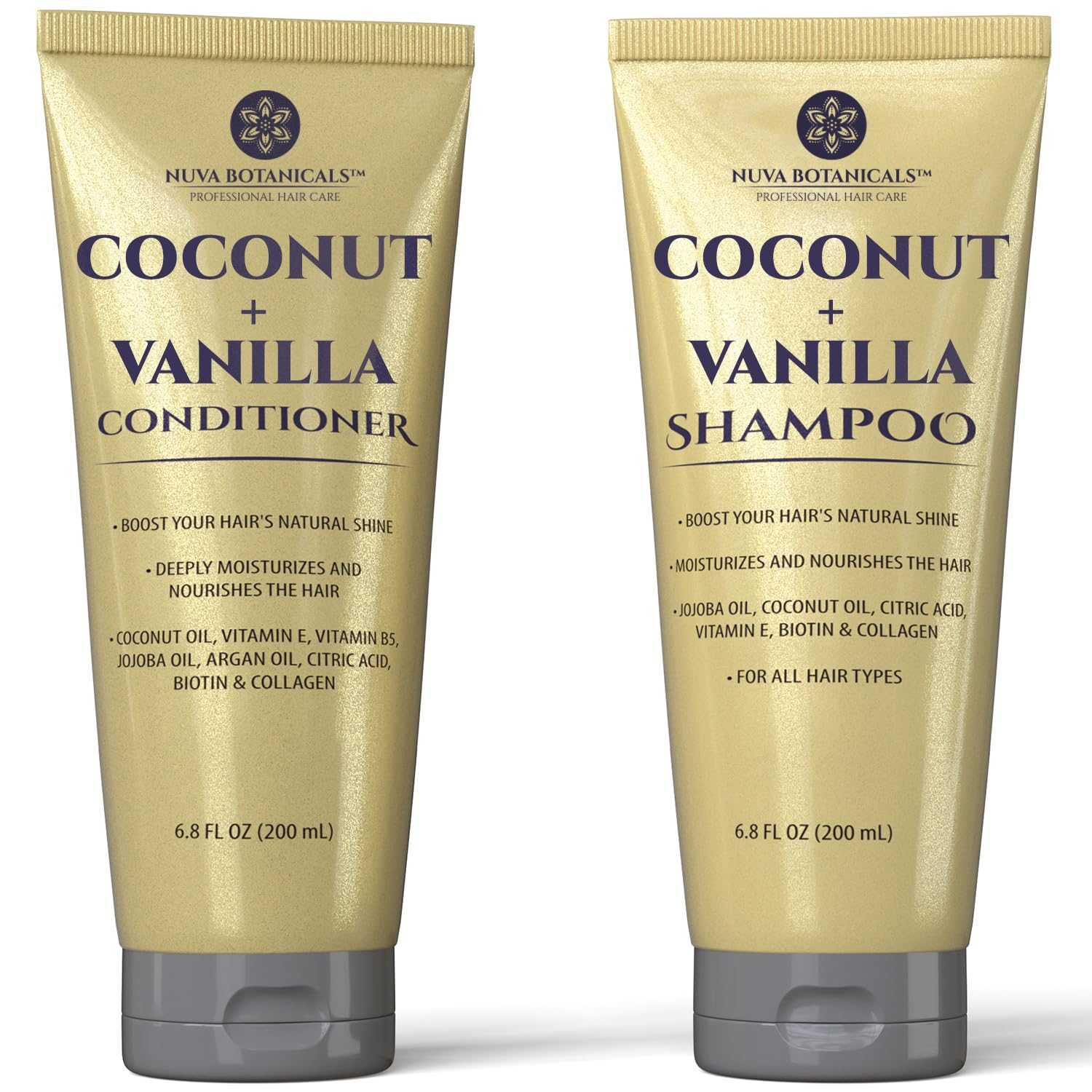 Nuva Botanicals Coconut Shampoo & Conditioner – Vanilla Scent, Biotin & Collagen, Hydrating Set (6.8 oz each)