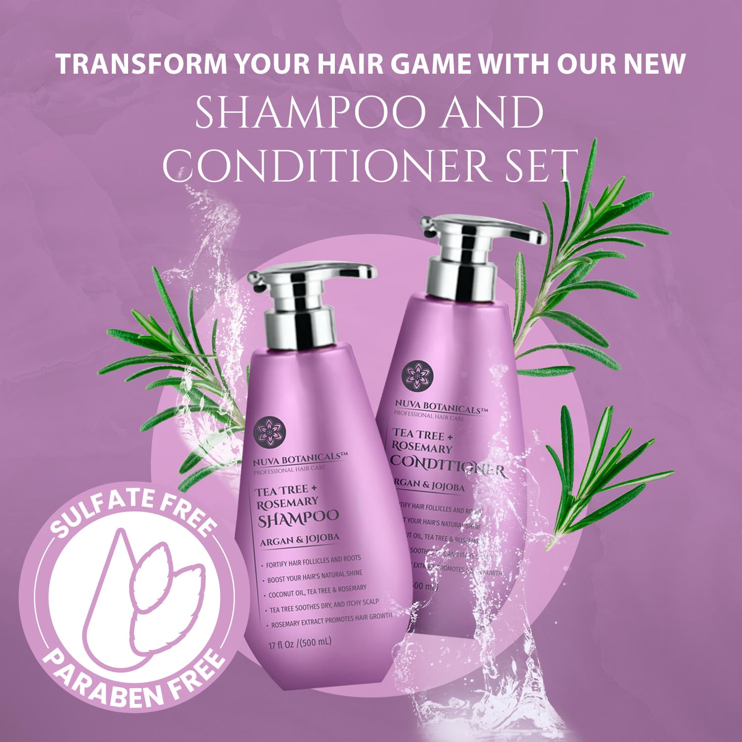Nuva Botanicals Tea Tree & Rosemary Shampoo & Conditioner Set for Women – Natural Hair Growth Shampoo with Mint & Coconut Oil (17 Fl Oz)