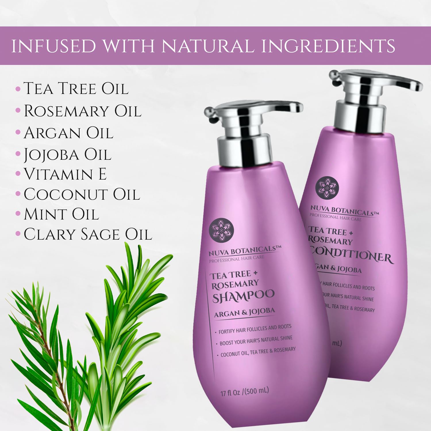 Nuva Botanicals Tea Tree & Rosemary Shampoo & Conditioner Set for Women – Natural Hair Growth Shampoo with Mint & Coconut Oil (17 Fl Oz)