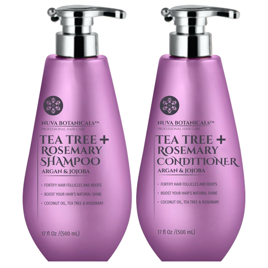 Nuva Botanicals Tea Tree & Rosemary Shampoo & Conditioner Set for Women – Natural Hair Growth Shampoo with Mint & Coconut Oil (17 Fl Oz)