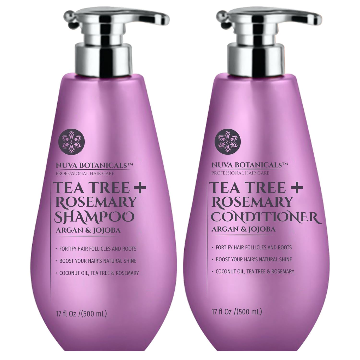 Nuva Botanicals Tea Tree & Rosemary Shampoo & Conditioner Set for Women – Natural Hair Growth Shampoo with Mint & Coconut Oil (17 Fl Oz)