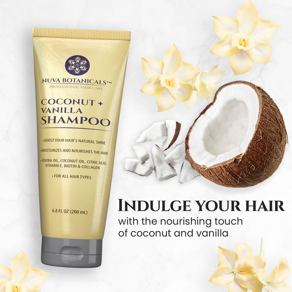 Nuva Botanicals Coconut Shampoo & Conditioner – Vanilla Scent, Biotin & Collagen, Hydrating Set (6.8 oz each)