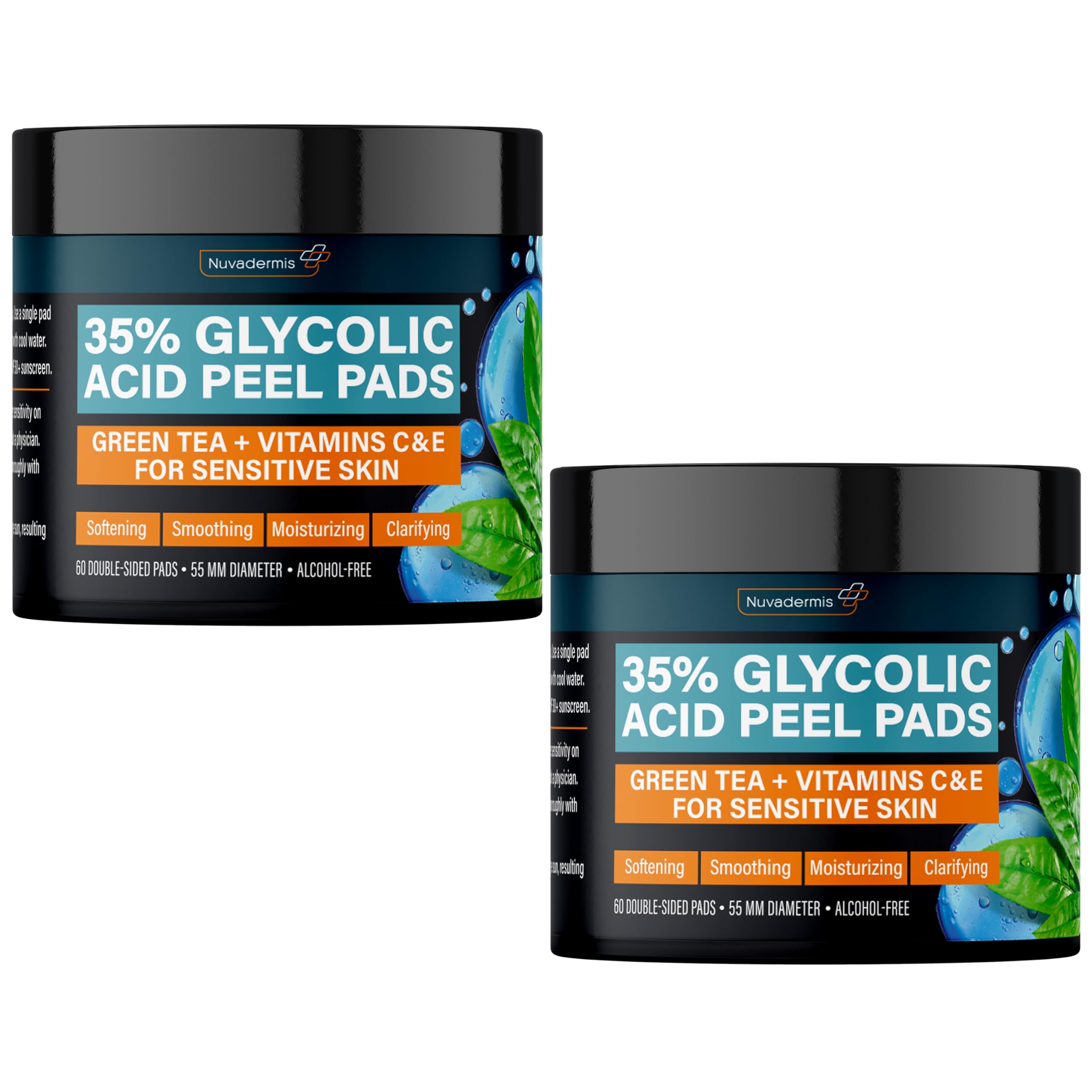 NUVADERMIS 35% Glycolic Acid Peel Pads – Exfoliate, Unclog Pores & Brighten Skin – Safe for Sensitive Skin – 2 Pack (60 Pads)