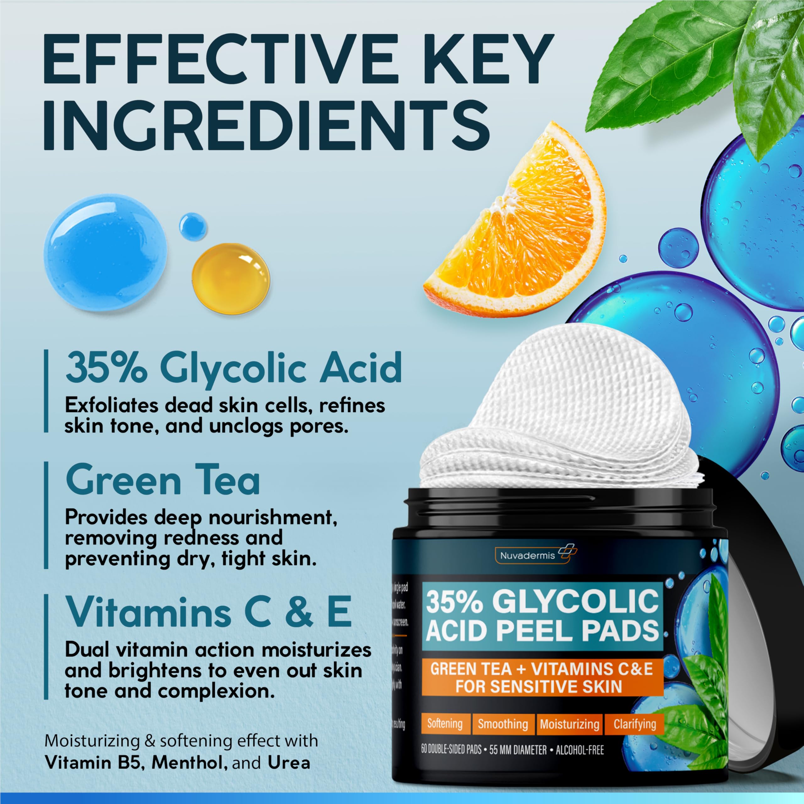 NUVADERMIS 35% Glycolic Peel Pads – Gentle Exfoliation for Clearer Skin (60 Double-Sided Pads)