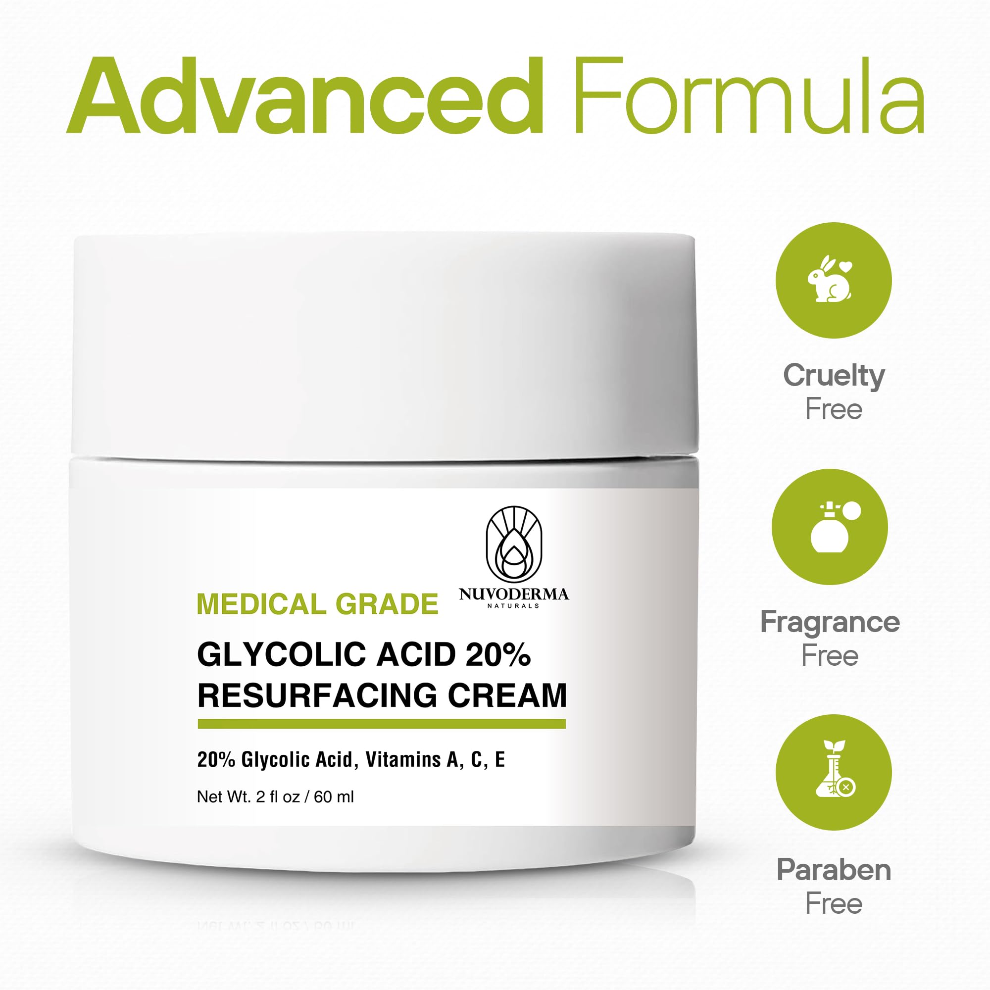 NUVODERMA Glycolic Acid Resurfacing Cream – 20% Glycolic, Vitamins A/C/E – Hydrating Anti-Wrinkle Moisturizer – 2 oz