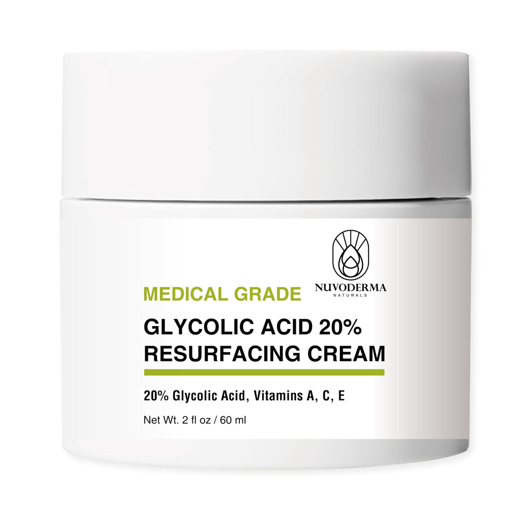 NUVODERMA Glycolic Acid Resurfacing Cream – 20% Glycolic, Vitamins A/C/E – Hydrating Anti-Wrinkle Moisturizer – 2 oz