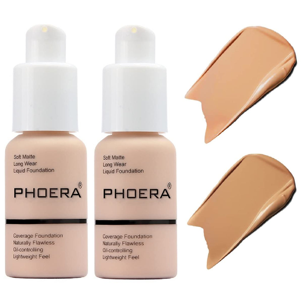 nvyue PHOERA Foundation 2-Pack: Matte Oil-Control, Waterproof Long-Wear Liquid Foundation in Buff Beige & Sand