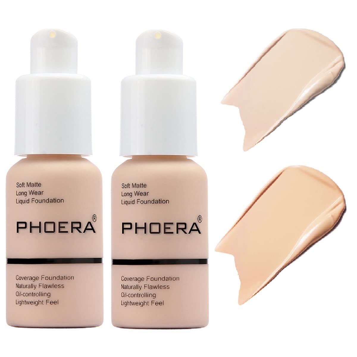 PHOERA Soft Matte Foundation 2-Pack by nvyue – 24HR Oil Control, Full Coverage (Porcelain 101 + Nude 102)