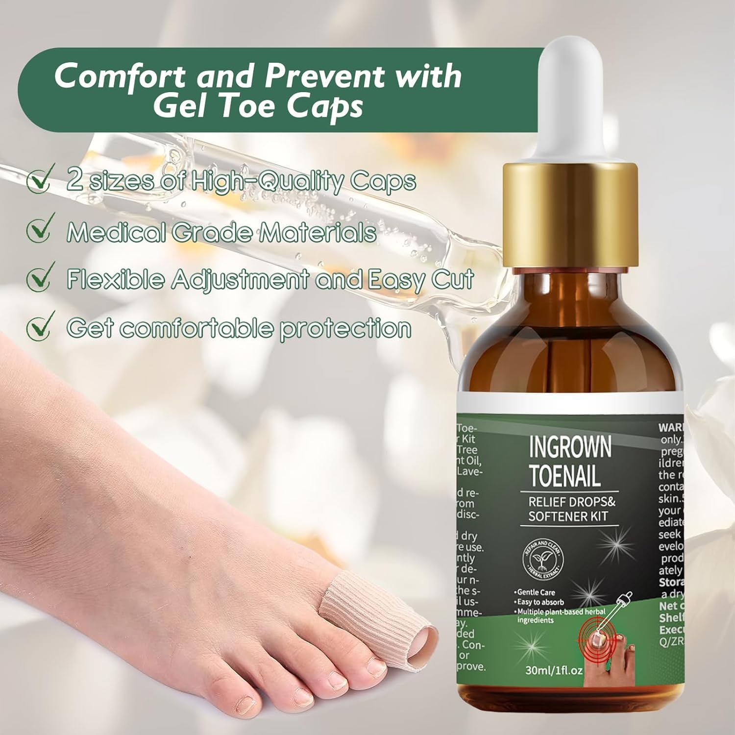 NWAKRD Ingrown Toenail Treatment Kit – 30ml Softening & Conditioning with Silicone Gel Toe Caps
