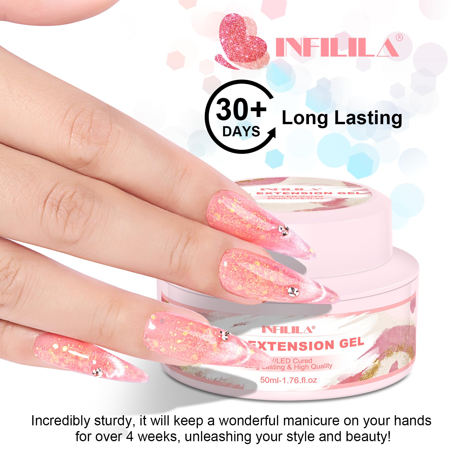 NXJ INFILILA Glitter Poly Nail Gel 50ml – Hot Pink Sparkle Builder Gel for UV/LED Nails | DIY Home Salon