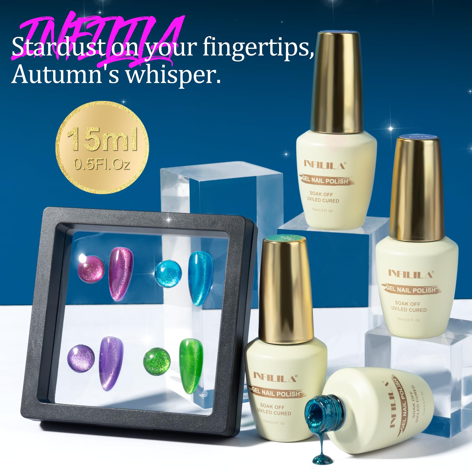 NXJ INFILILA Cat Eye Gel Nail Polish Set – 4 Magnetic Colors (15ml) LED/UV Ready
