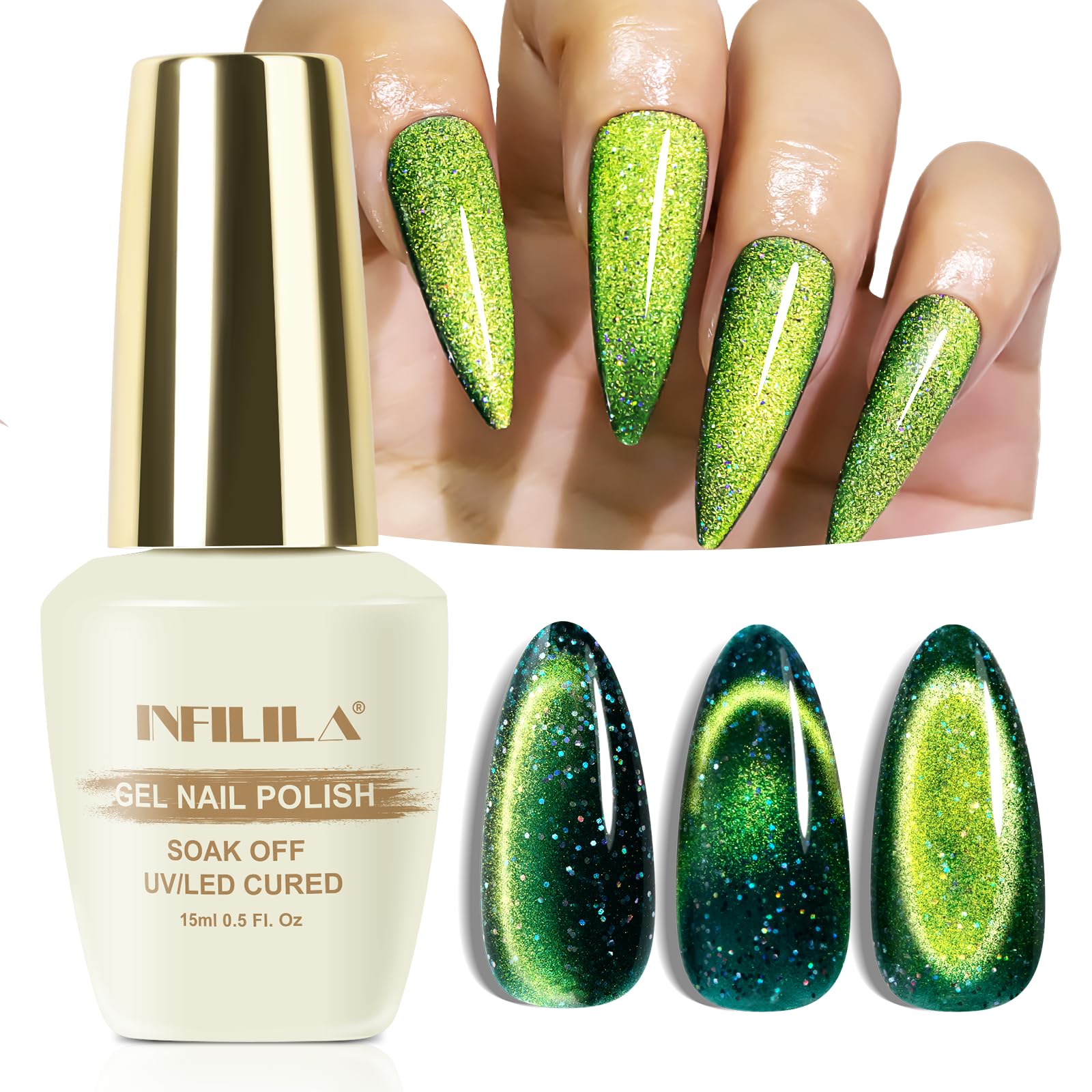 NXJ INFILILA Green Cat Eye Gel Nail Polish 15ml – Olive Green Magnetic Glitter Gel