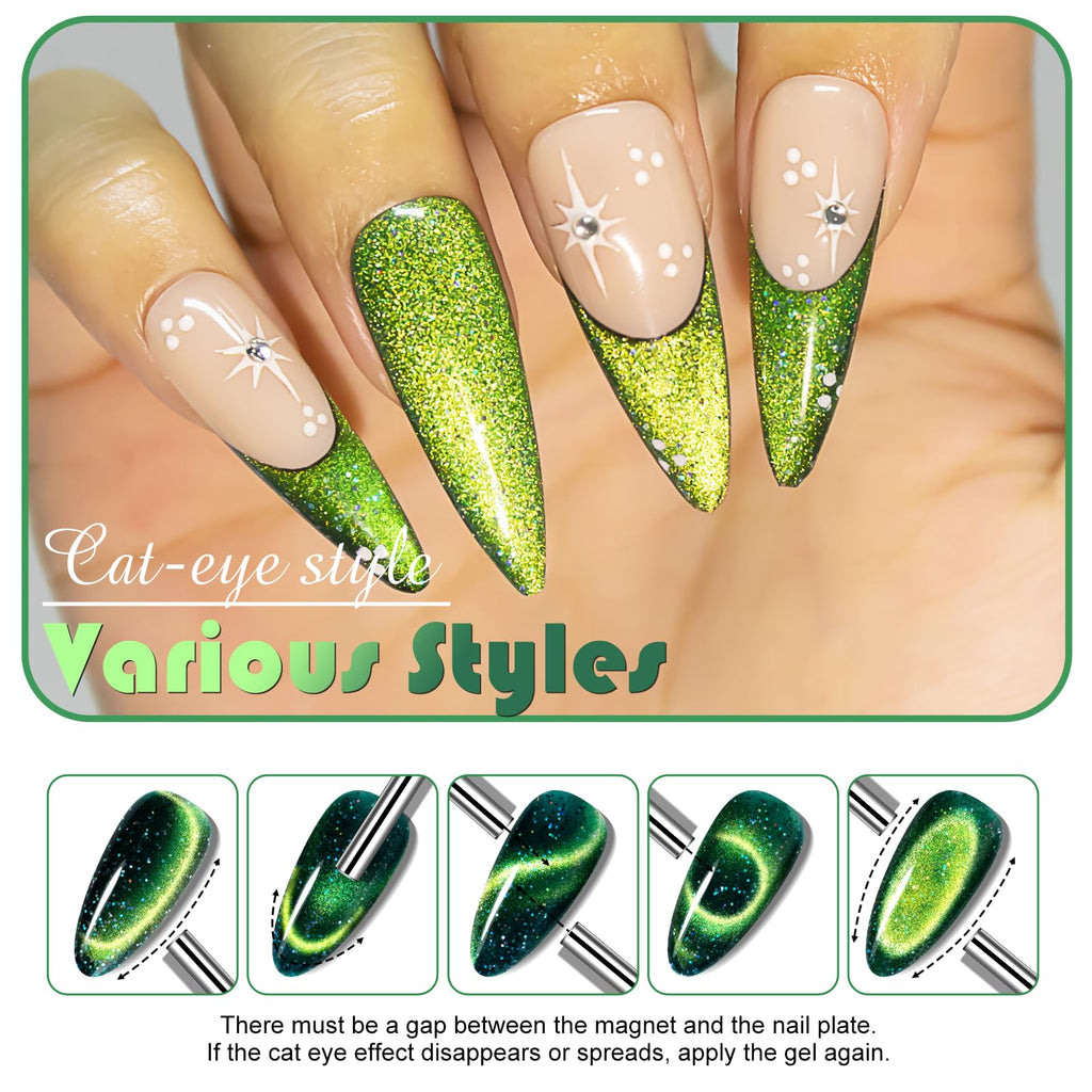 NXJ INFILILA Green Cat Eye Gel Nail Polish 15ml – Olive Green Magnetic Glitter Gel
