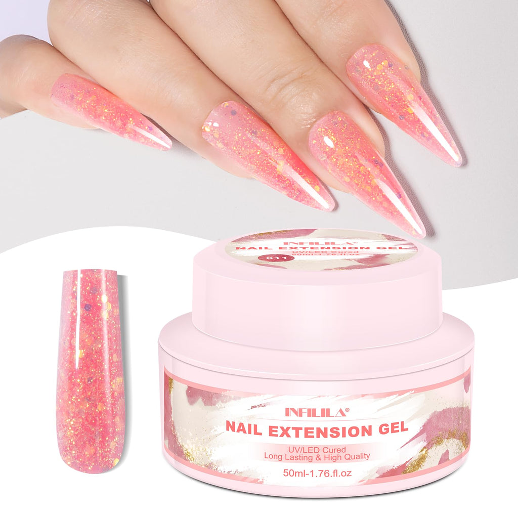 NXJ INFILILA Glitter Poly Nail Gel 50ml – Hot Pink Sparkle Builder Gel for UV/LED Nails | DIY Home Salon
