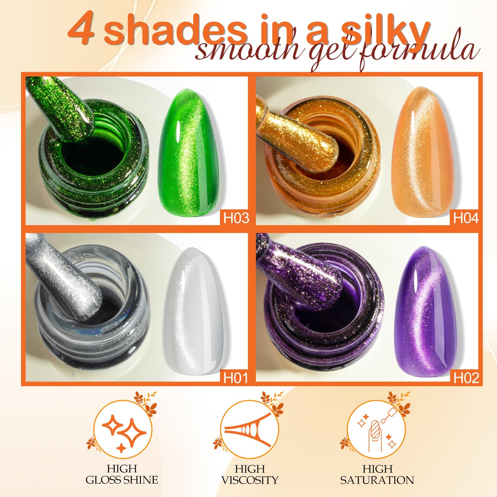 NXJ INFILILA Magnetic Cat Eye Gel Nail Polish Set – 4 x 15ml (Purple, Green, Silver, Orange) for LED/UV Lamps
