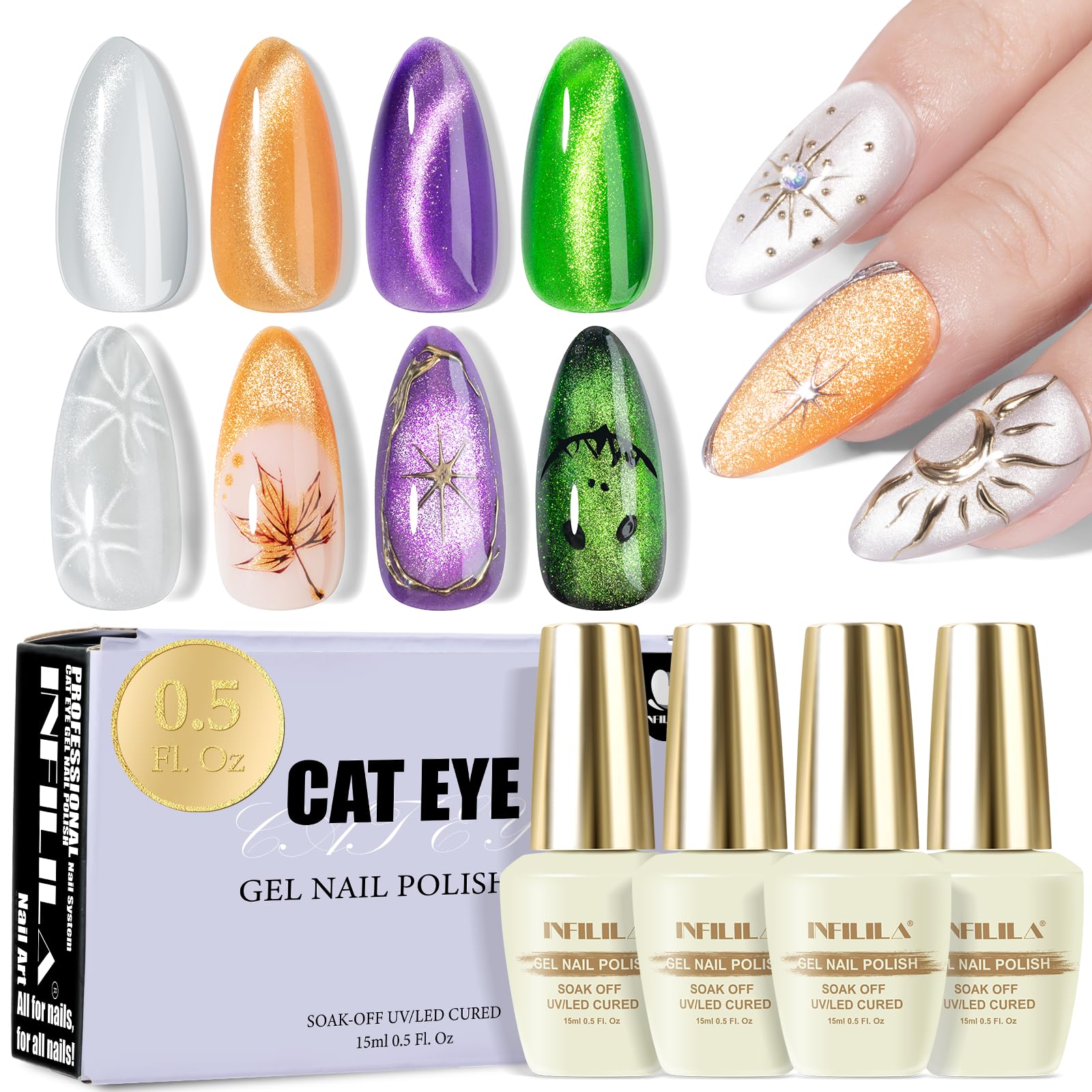 NXJ INFILILA Magnetic Cat Eye Gel Nail Polish Set – 4 x 15ml (Purple, Green, Silver, Orange) for LED/UV Lamps