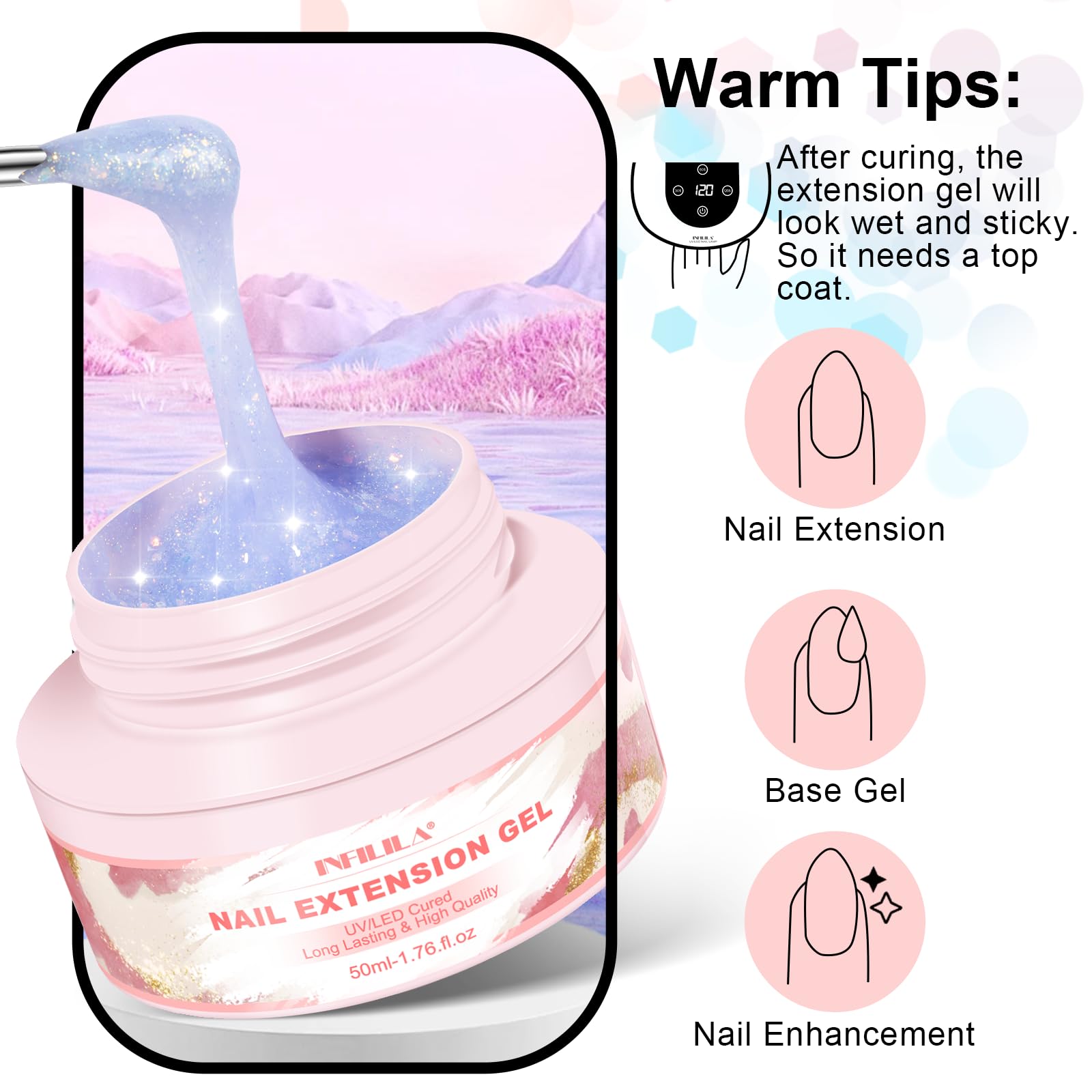 NXJ INFILILA Glitter Poly Nail Gel – Baby Blue Builder Gel (50ml) for DIY Nails