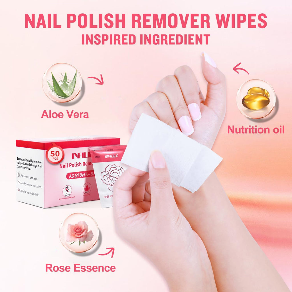 NXJ INFILILA Nail Polish Remover Pads – Jumbo 50-Piece Quick, Travel-Friendly Wipes for Home or Salon