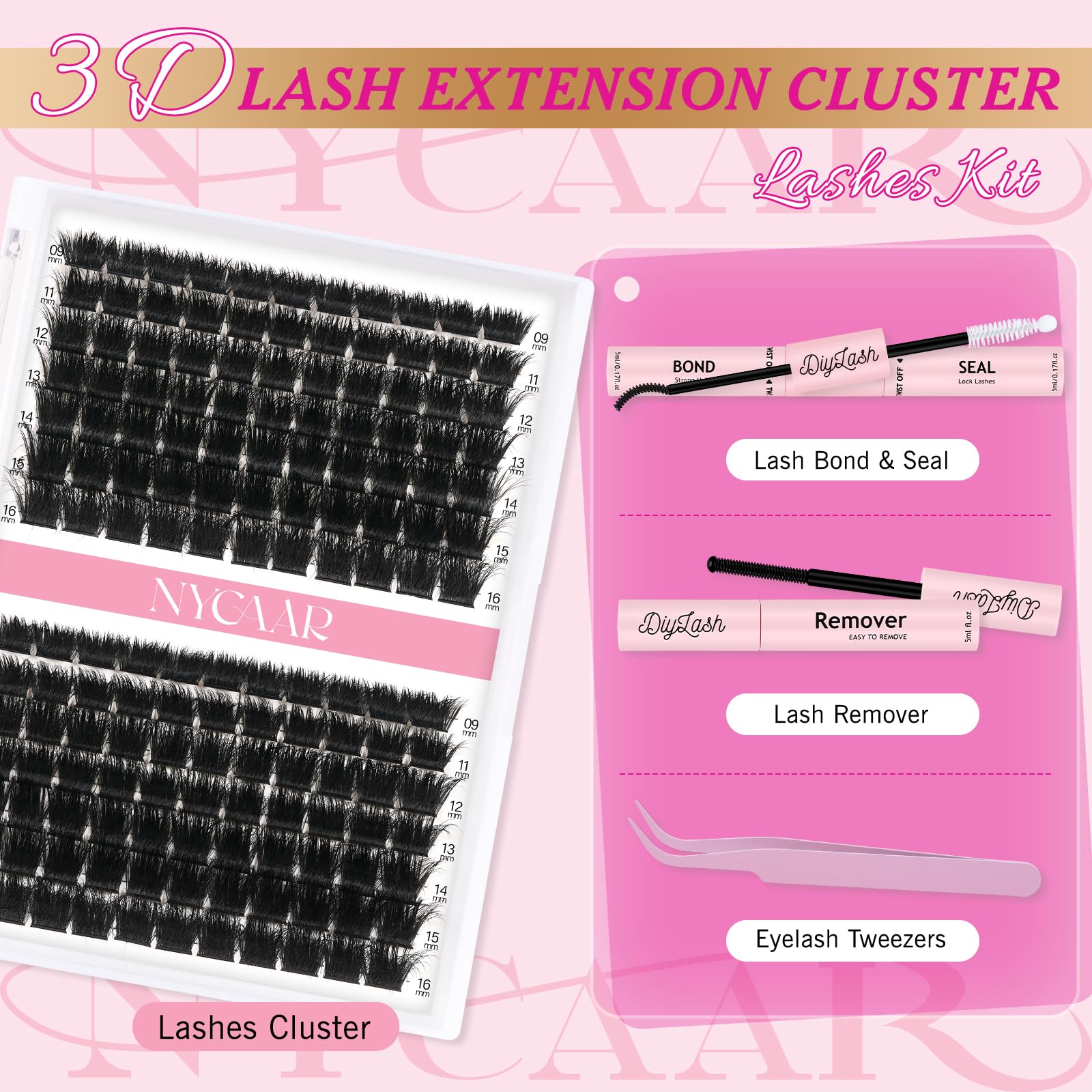 NYCAAR Lash Clusters 3D Effect Kit – 154pcs 200D D-Curl, 9-16mm Mix, DIY Lashes with Glue & Remover