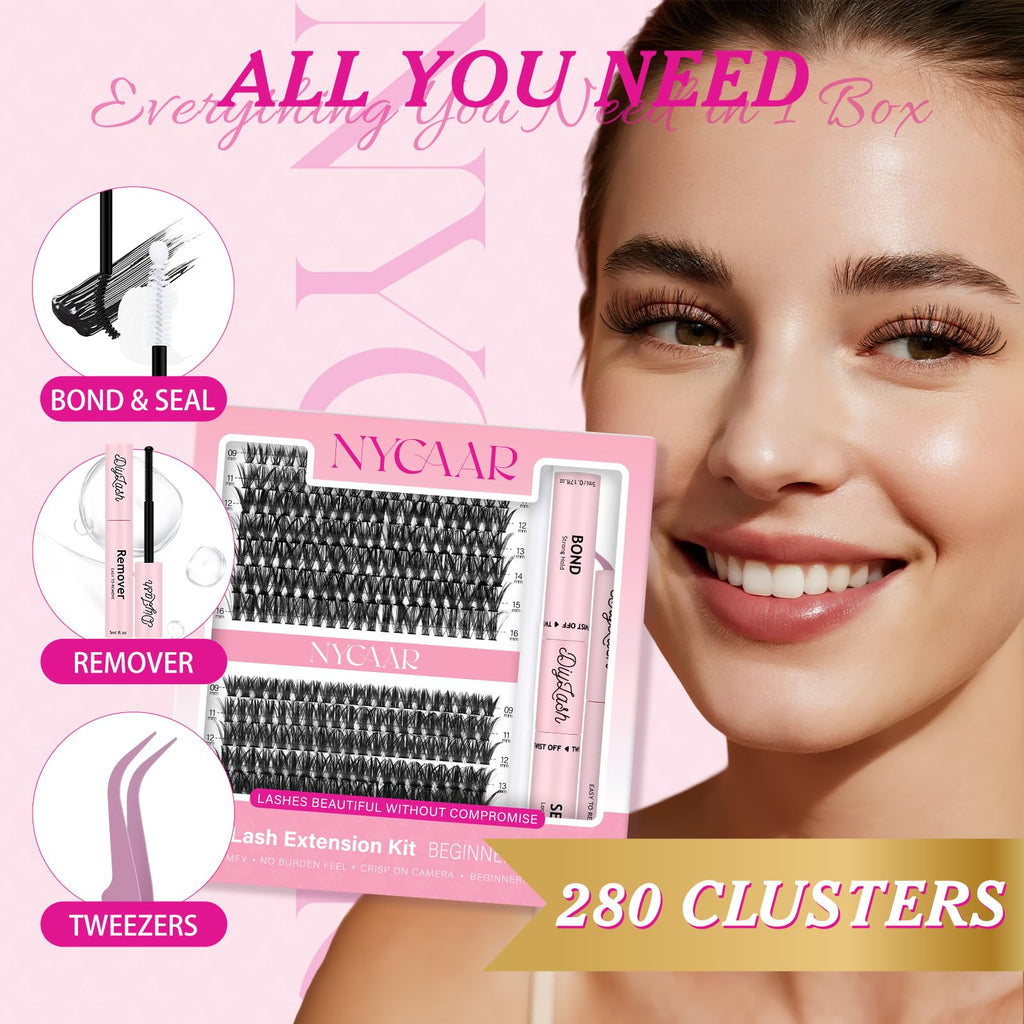 NYCAAR DIY Lash Extension Kit 280Pcs – 40D/50D Clusters, 9-16mm, Easy Application