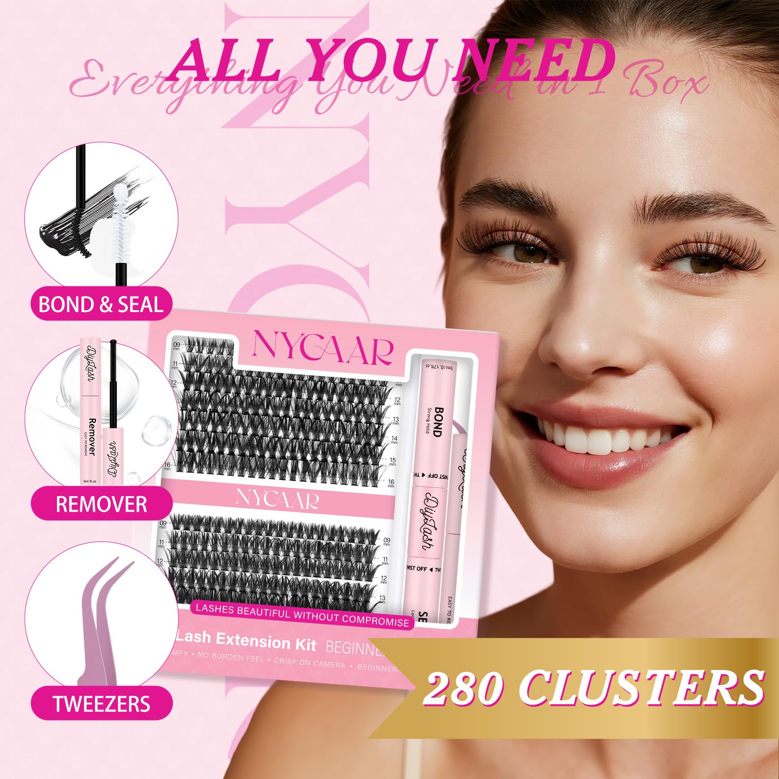 NYCAAR DIY Lash Extension Kit 280Pcs – 40D/50D Clusters, 9-16mm, Easy Application
