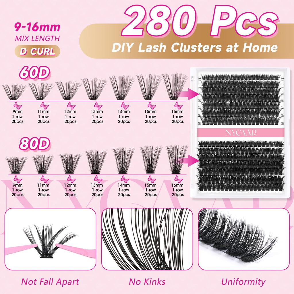 NYCAAR DIY Lash Extension Kit 280Pcs – 60D/80D Clusters, 0.07D Curl, 9–16mm Mix, Glue & Remover