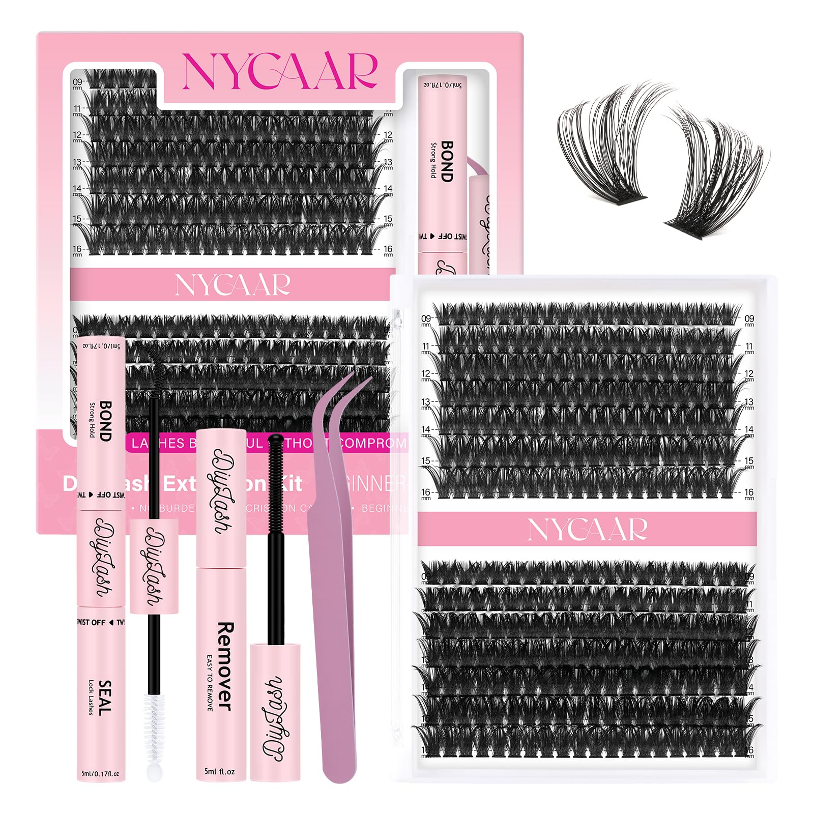 NYCAAR DIY Lash Extension Kit 280Pcs – 60D/80D Clusters, 0.07D Curl, 9–16mm Mix, Glue & Remover