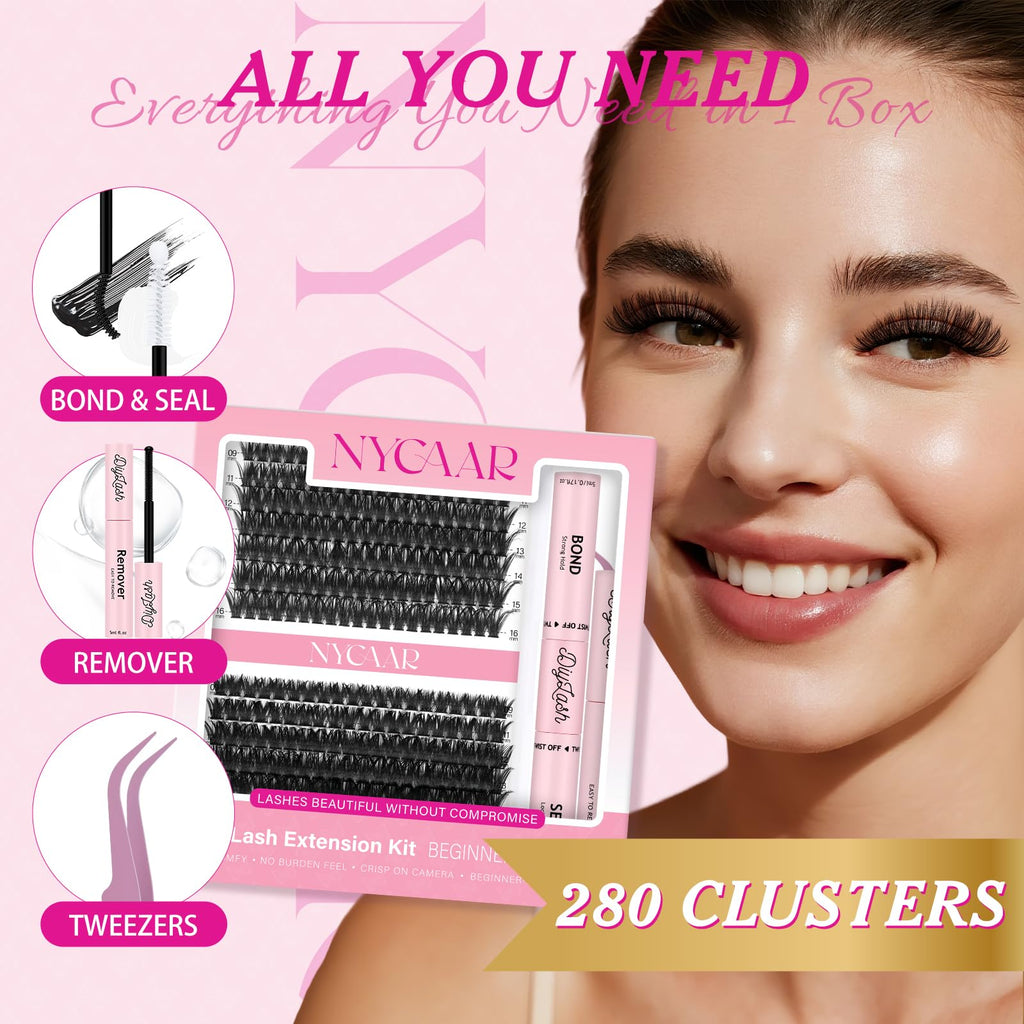 NYCAAR DIY Lash Extension Kit 280Pcs – 60D/80D Clusters, 0.07D Curl, 9–16mm Mix, Glue & Remover