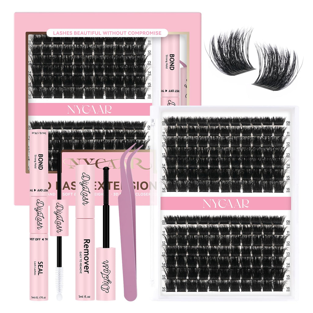 NYCAAR Lash Clusters 3D Effect Kit – 154pcs 200D D-Curl, 9-16mm Mix, DIY Lashes with Glue & Remover