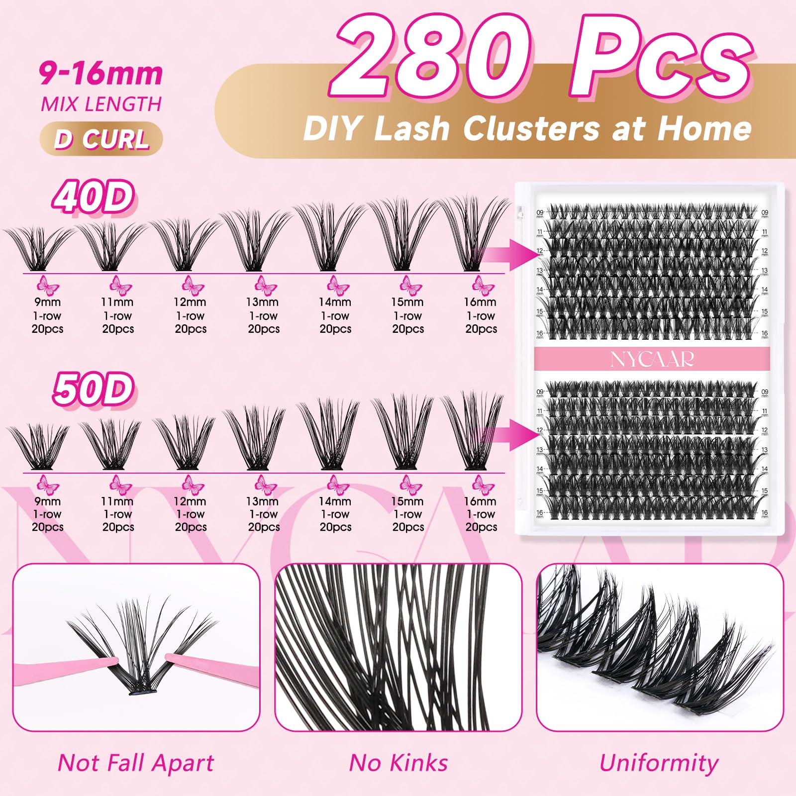 NYCAAR DIY Lash Extension Kit 280Pcs – 40D/50D Clusters, 9-16mm, Easy Application