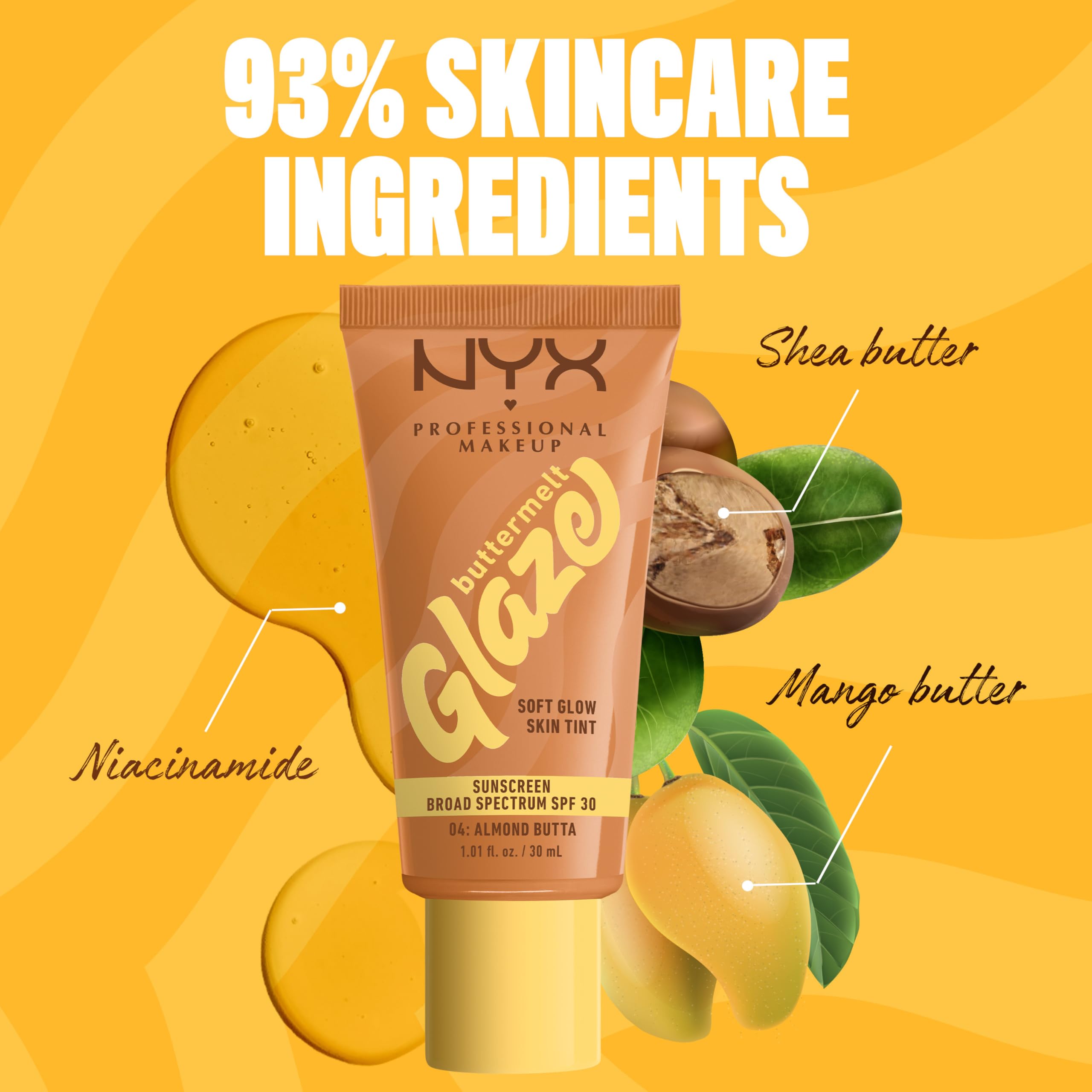 NYX PROFESSIONAL MAKEUP Buttermelt Glaze Soft Glow Skin Tint SPF 30 | Up to 12HR Wear, Shade 04 Almond Butta