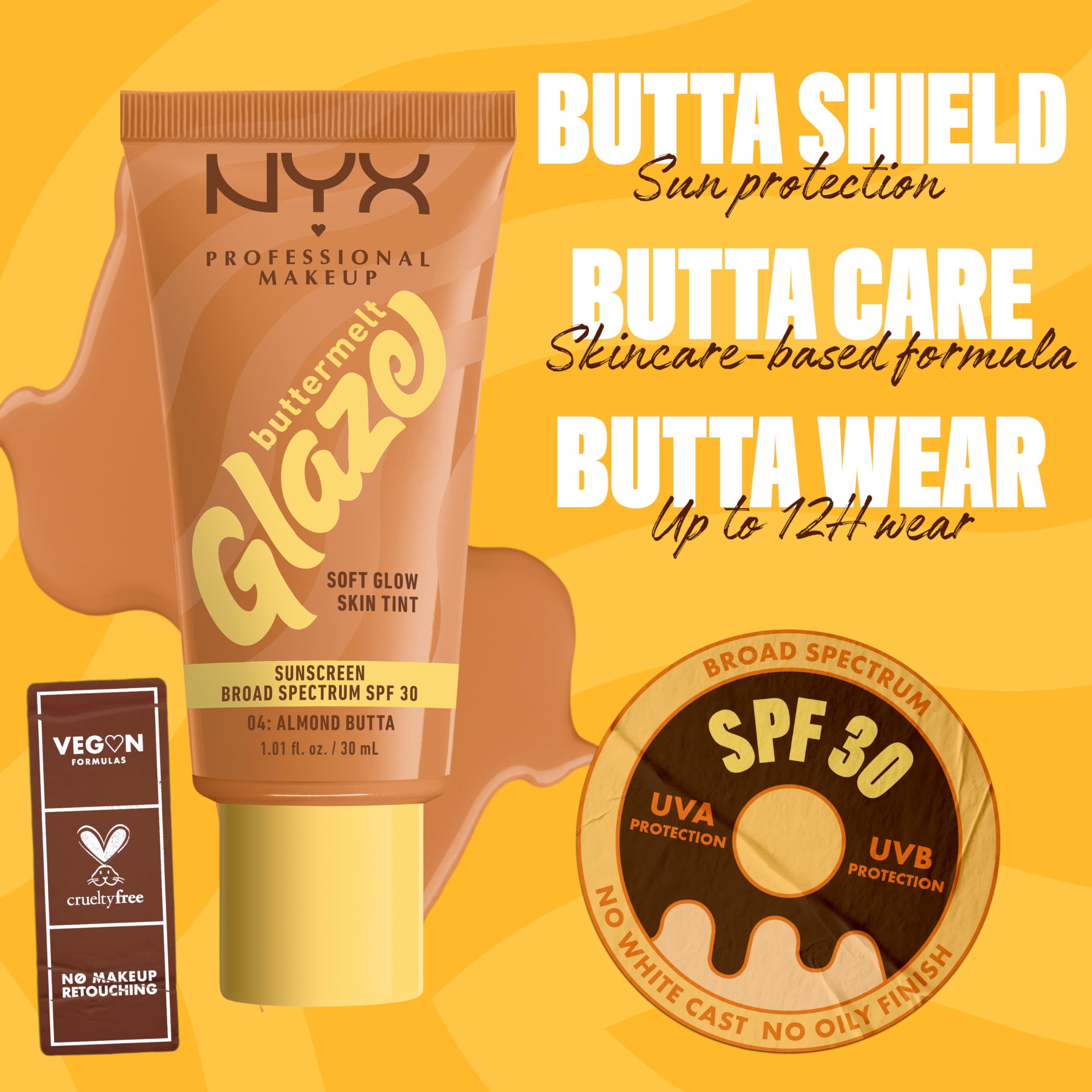 NYX PROFESSIONAL MAKEUP Buttermelt Glaze Soft Glow Skin Tint SPF 30 | Up to 12HR Wear, Shade 04 Almond Butta